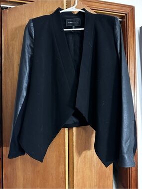 BCBGMaxAzria Black Open-Front Draped Blazer with Faux Leather Sleeves